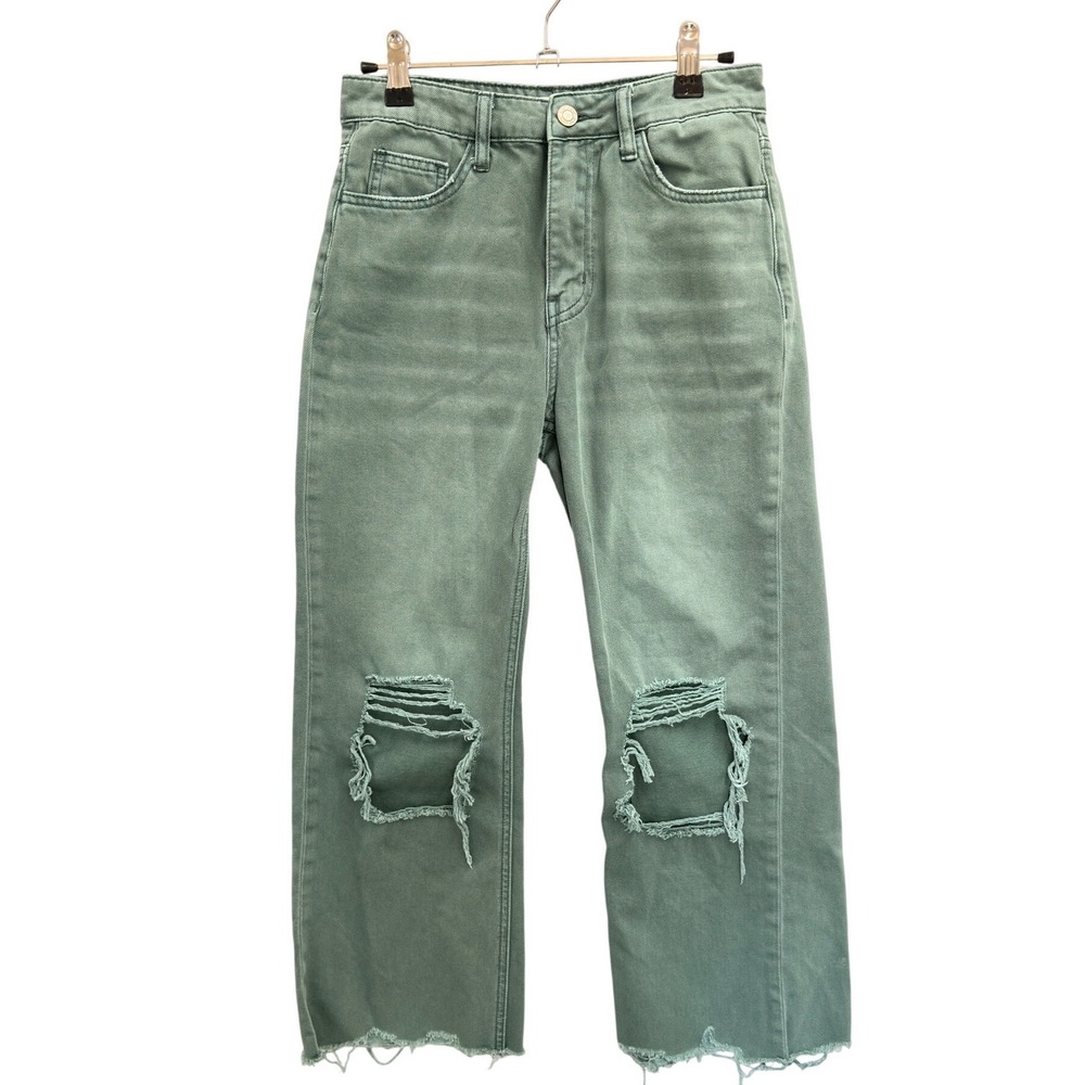 High-Rise Sage Green Distressed Wide Leg Jeans - Picture 2 of 12